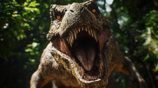 T-Rex roaring powerfully in a jungle, showing prehistoric might. Symbolizing primal power and lost worlds, it suits educational content and adventure themes.